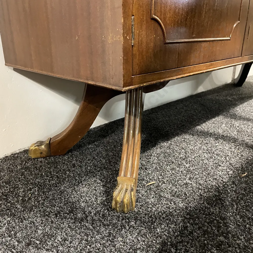  Antique Solid Mahogany Sideboard. 3 drawer (middle cutlery) 3 door, original handles, internal shelves. Brass Claw feet Image 1++