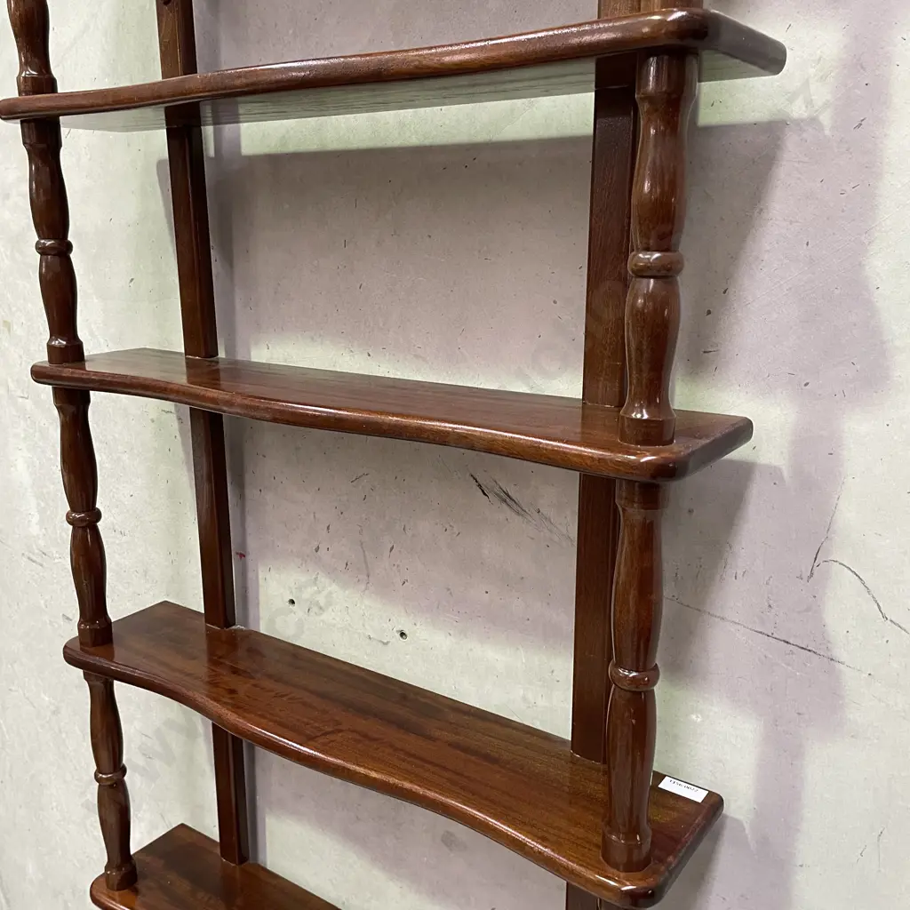 Mid Century Solid Mahogany 7 tier shelving Unit. Serpentine front. H175 D14 W62cm Image 1++