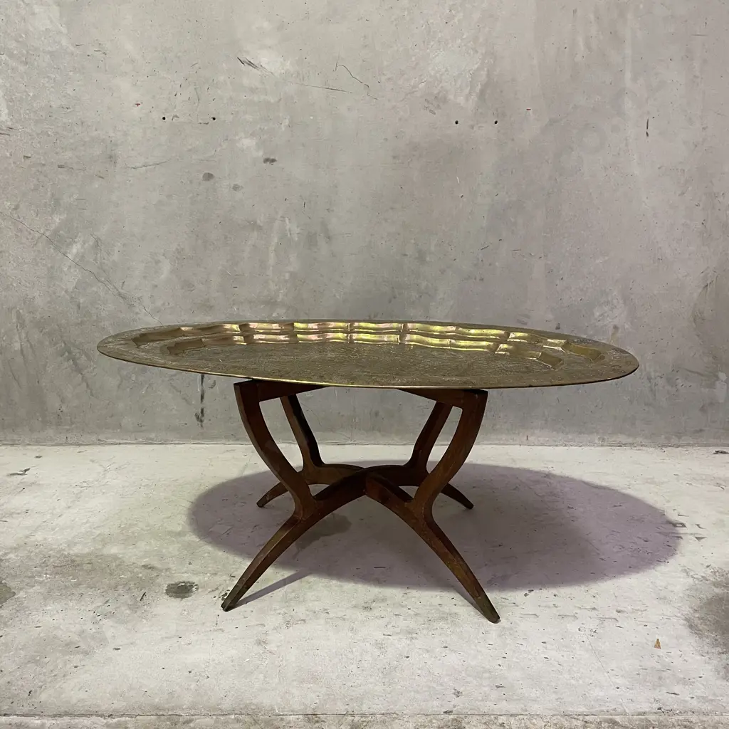 Moroccan Mid Century Carved Brass Oval Table. Folding Legs. Top 106 x 66cm. H48cm Image 1++