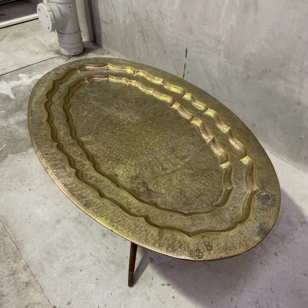 Moroccan Mid Century Carved Brass Oval Table. Folding Legs. Top 106 x 66cm. H48cm Image 1++