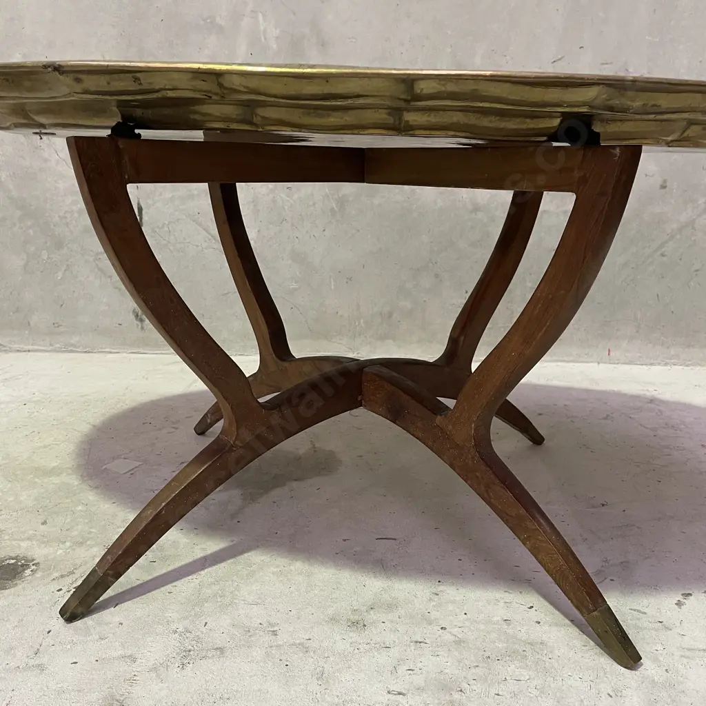 Moroccan Mid Century Carved Brass Oval Table. Folding Legs. Top 106 x 66cm. H48cm Image 1++