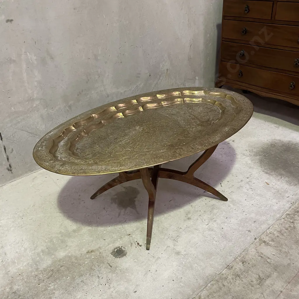 Moroccan Mid Century Carved Brass Oval Table. Folding Legs. Top 106 x 66cm. H48cm Image 1++