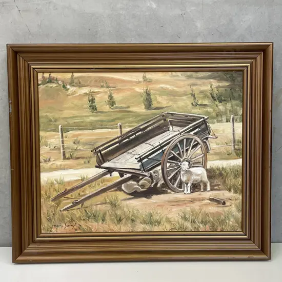 Original Framed Artwork. Signed Harry Sangl '78. Depicting farm scene with lambs. 62 x 52cm