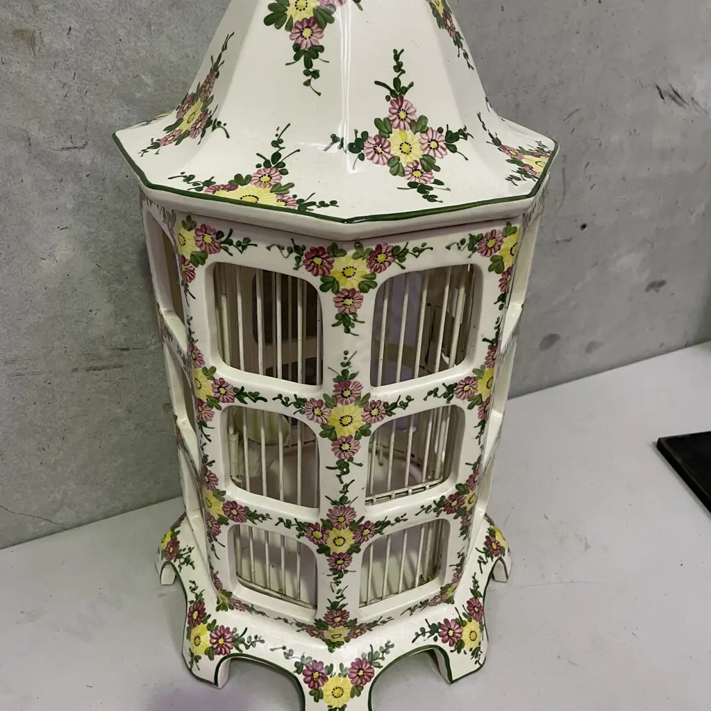 Handpainted Octagonal Ceramic Bird Cage. H63cm Dia30cm Image 1++