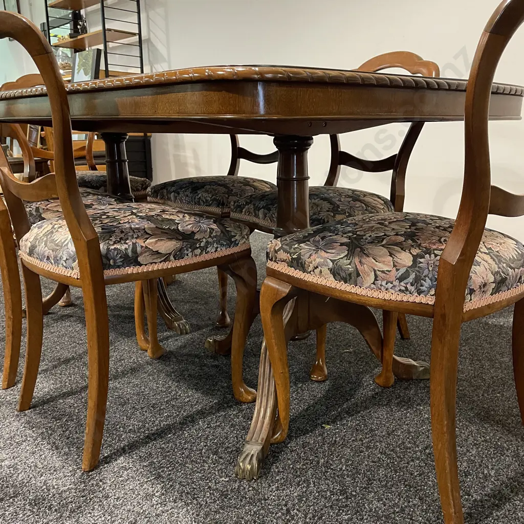 Antique Solid Mahogany 7 piece dining suite. Double pedestal base, rope edge. Brass Claw feet.  Image 1++