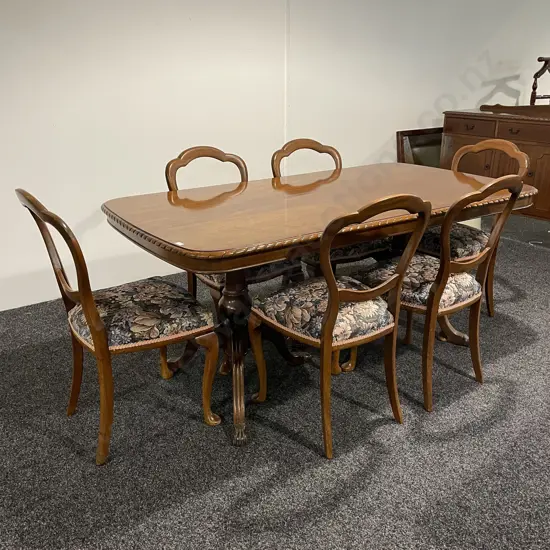 Antique Solid Mahogany 7 piece dining suite. Double pedestal base, rope edge. Brass Claw feet. 