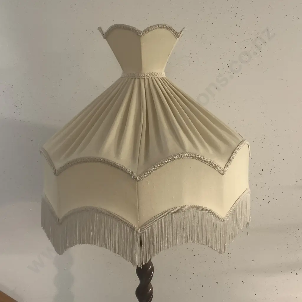 Antique Solid Mahogany Barley Twist Standard Lamp with original silk and tassle fabric shade. Image 1++