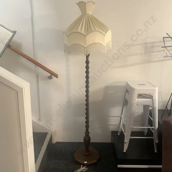 Antique Solid Mahogany Barley Twist Standard Lamp with original silk and tassle fabric shade.