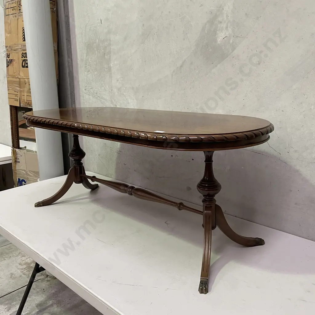 Antique Solid Mahogany Dual Pedestal Oval Coffee Table. Brass claw feet, rope edge. 120 x 51. H48cm Image 1++