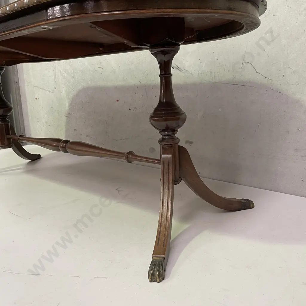 Antique Solid Mahogany Dual Pedestal Oval Coffee Table. Brass claw feet, rope edge. 120 x 51. H48cm Image 1++