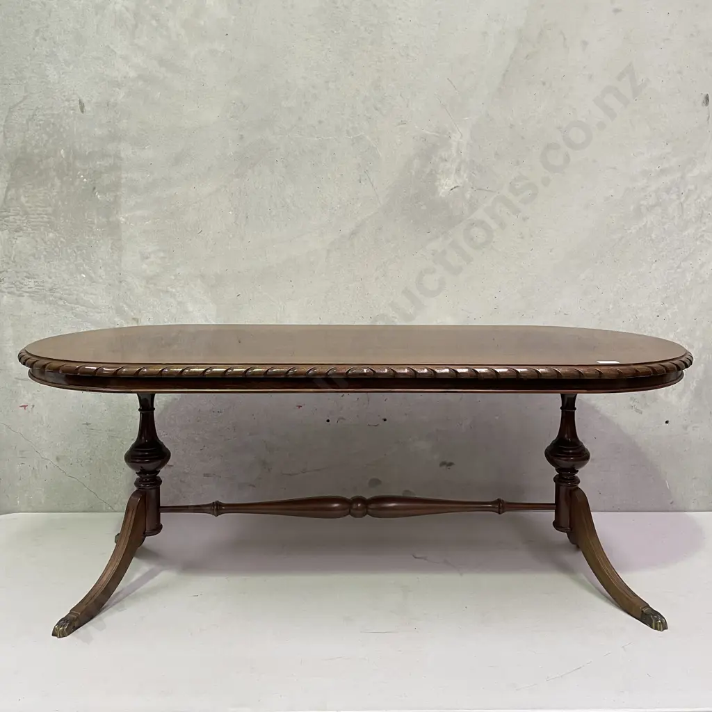 Antique Solid Mahogany Dual Pedestal Oval Coffee Table. Brass claw feet, rope edge. 120 x 51. H48cm Image 1++
