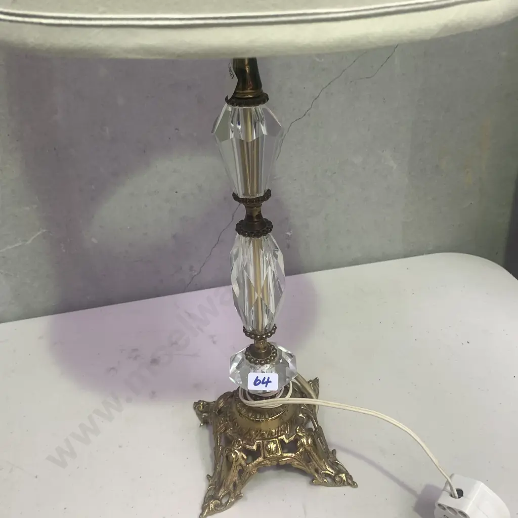 Vintage Ornate Brass and heavy cut glass Table Lamp with cream fabric shade. Lamp H45, Shade H36cm Image 1++