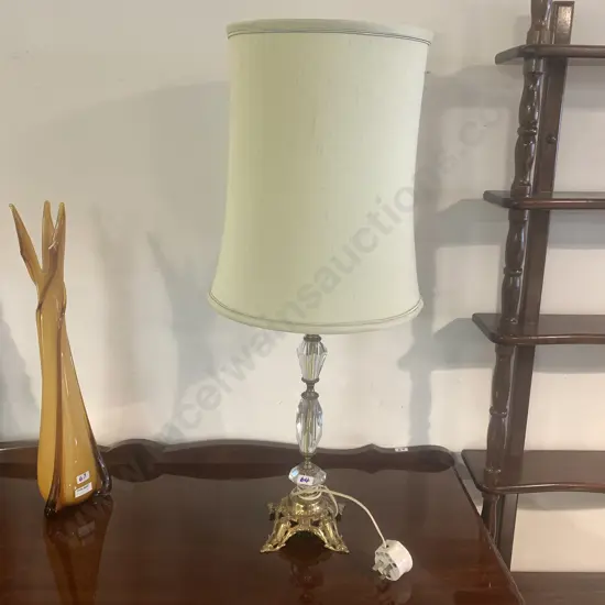 Vintage Ornate Brass and heavy cut glass Table Lamp with cream fabric shade. Lamp H45, Shade H36cm
