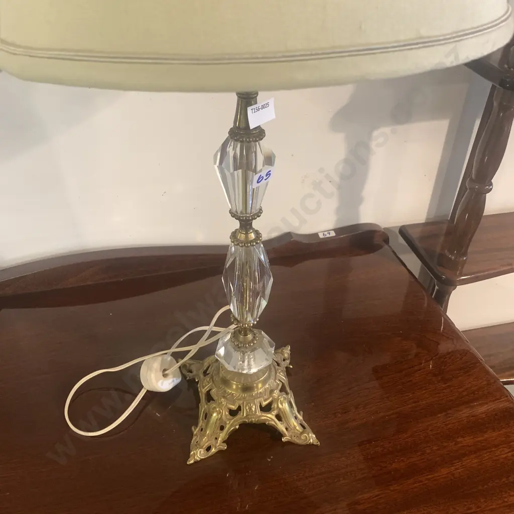 Vintage Ornate Brass and heavy cut glass Table Lamp with cream fabric shade. Lamp H45, Shade H36cm Image 1++