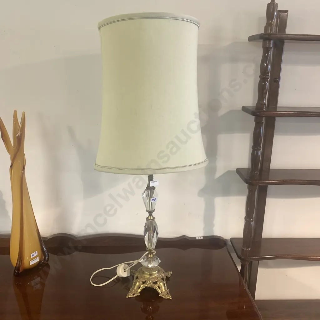 Vintage Ornate Brass and heavy cut glass Table Lamp with cream fabric shade. Lamp H45, Shade H36cm Image 1++