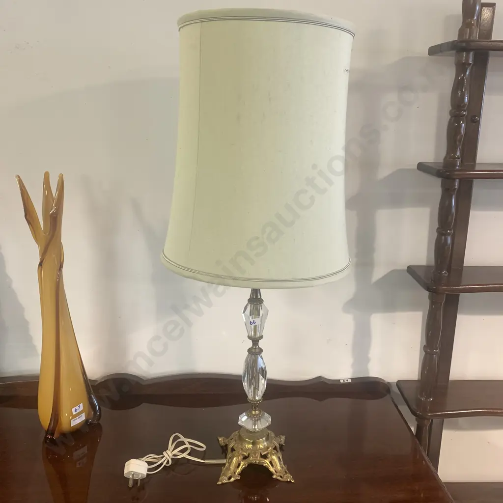 Vintage Ornate Brass and heavy cut glass Table Lamp with cream fabric shade. Lamp H45, Shade H36cm Image 1++