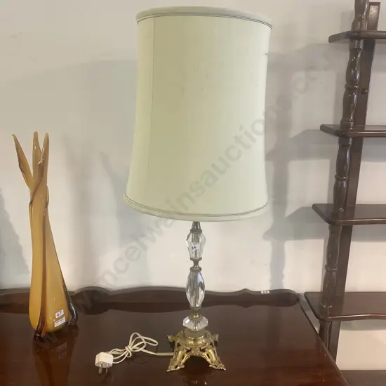 Vintage Ornate Brass and heavy cut glass Table Lamp with cream fabric shade. Lamp H45, Shade H36cm