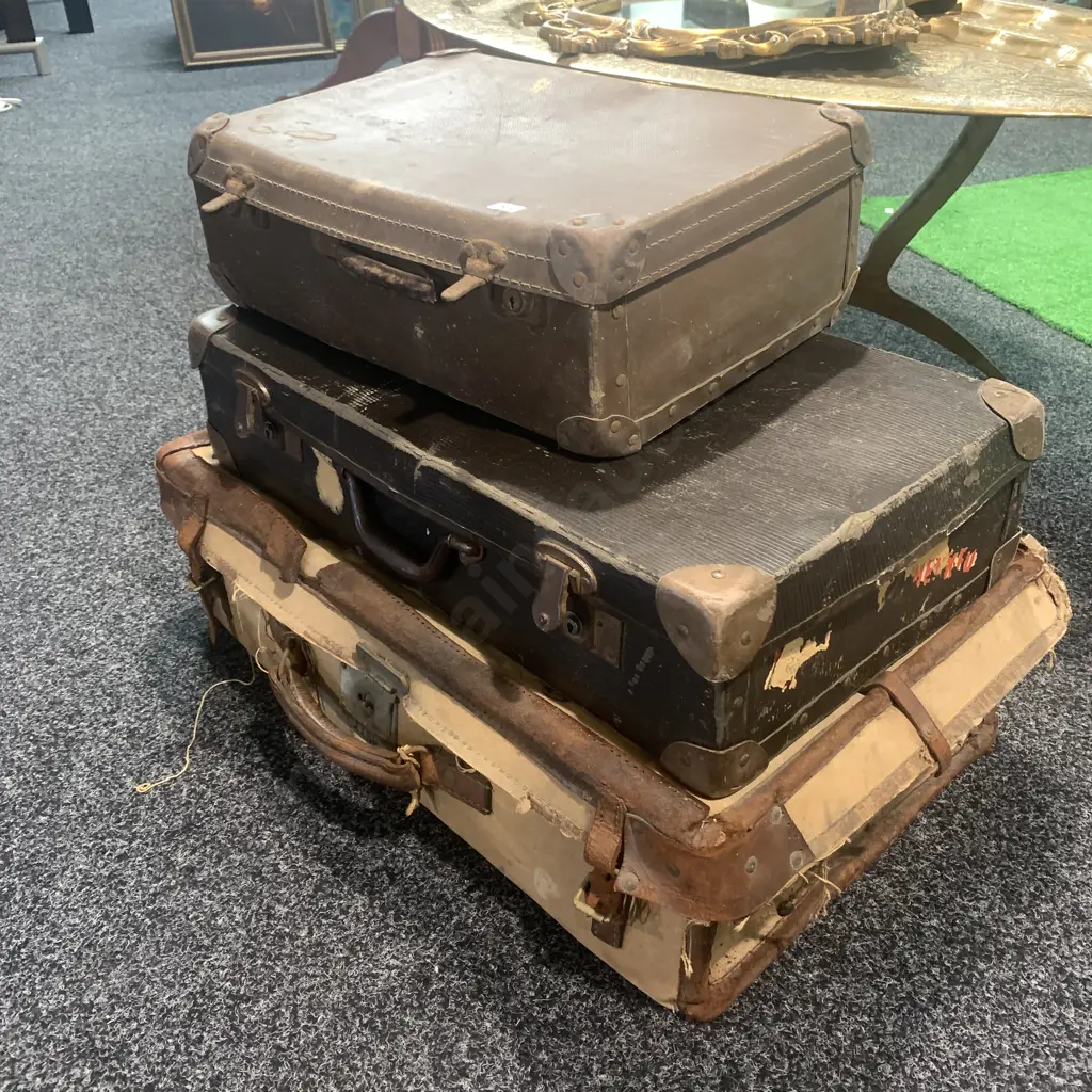 Trio of Antique Suitcases including Antique Canvas and Leather Suitcase (AF), Antique Leather Case. Image 1++
