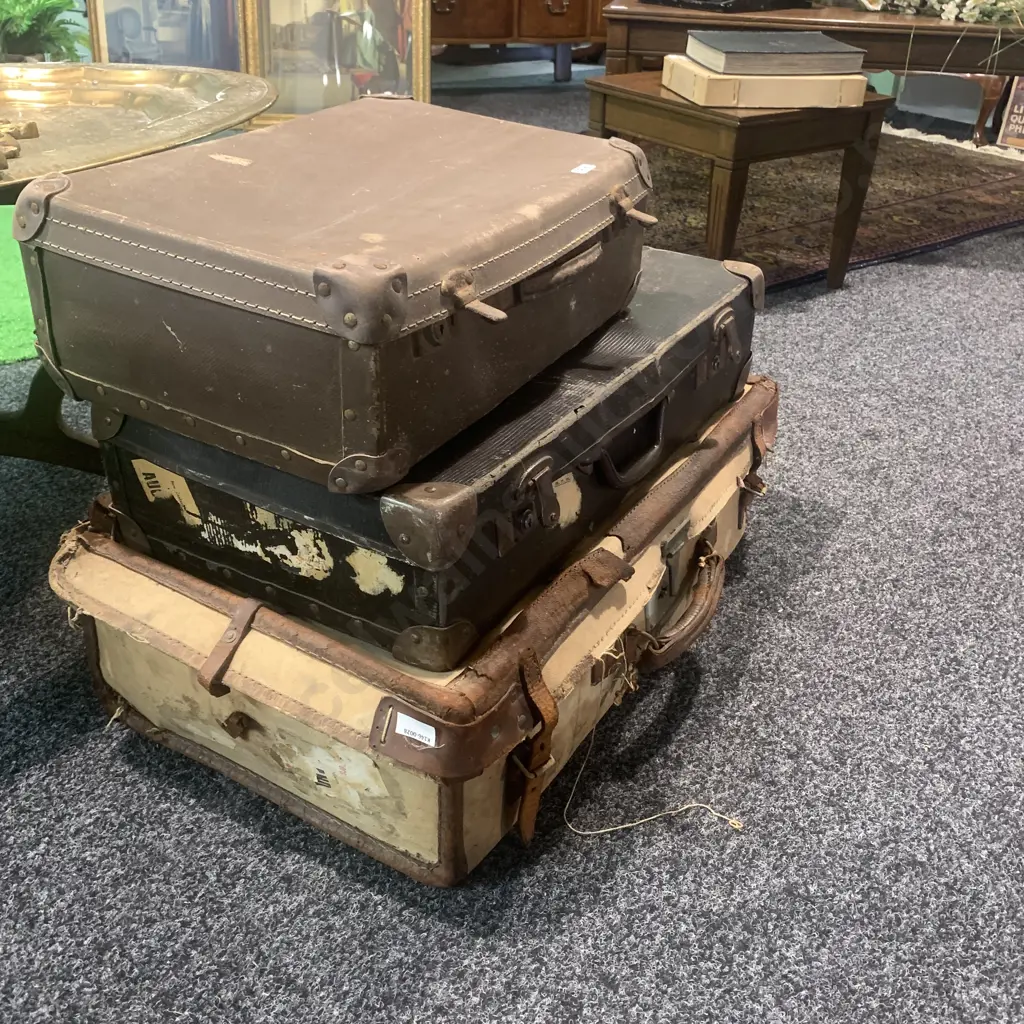 Trio of Antique Suitcases including Antique Canvas and Leather Suitcase (AF), Antique Leather Case. Image 1++