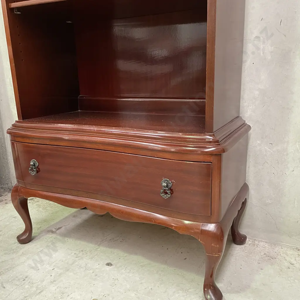 Antique Solid Mahogany Display Shelving Unit. Dome top, single drawer, adjustable shelves. H173 W77 D27cm Image 1++