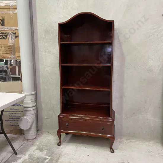 Antique Solid Mahogany Display Shelving Unit. Dome top, single drawer, adjustable shelves. H173 W77 D27cm