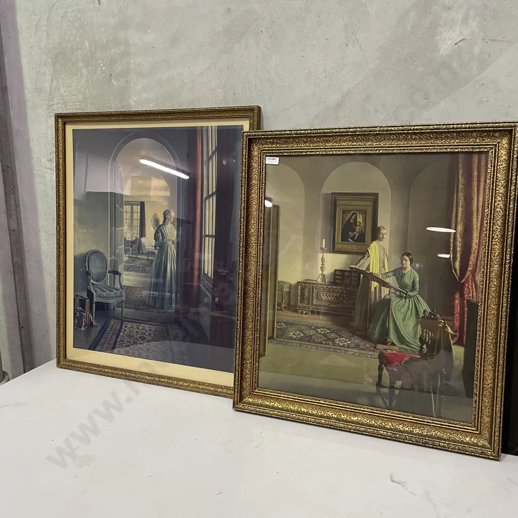 Two Vintage gilt framed prints by L Campbell Taylor. "The Letter" 58x69cm and "Sampler" 56x63cm Image 1++