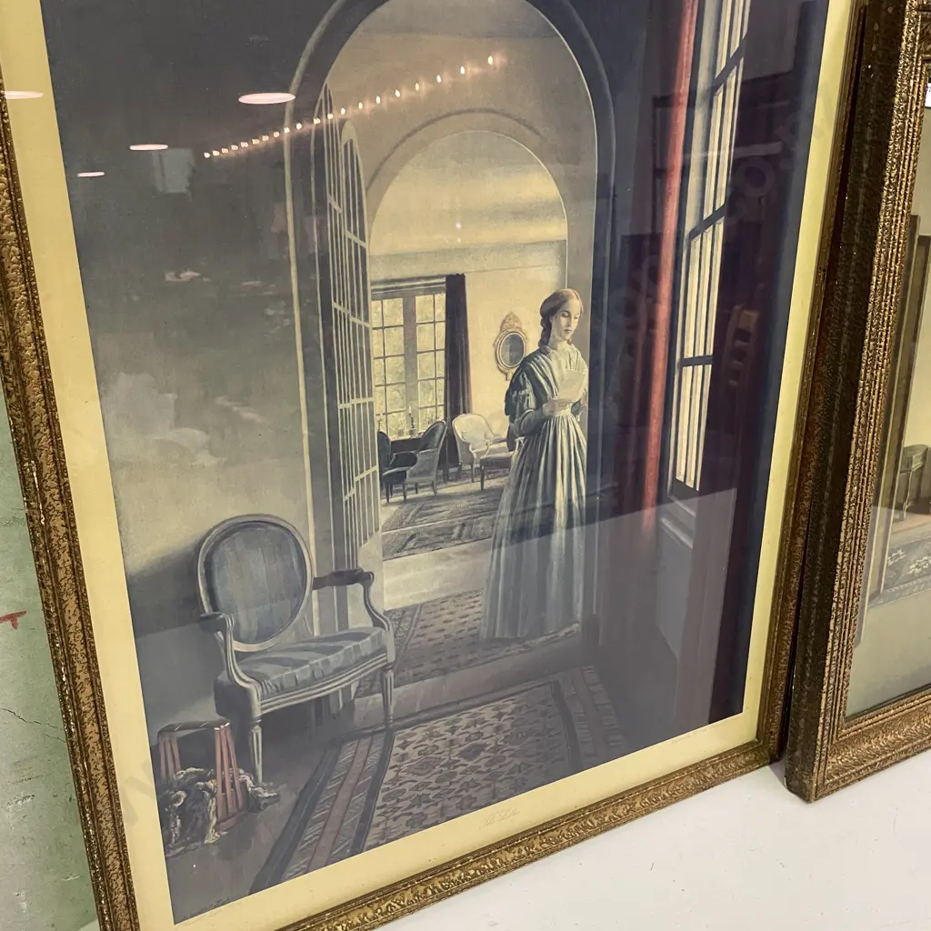 Two Vintage gilt framed prints by L Campbell Taylor. "The Letter" 58x69cm and "Sampler" 56x63cm Image 1++