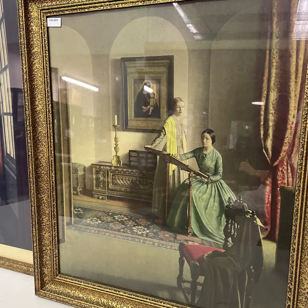 Two Vintage gilt framed prints by L Campbell Taylor. "The Letter" 58x69cm and "Sampler" 56x63cm Image 1++
