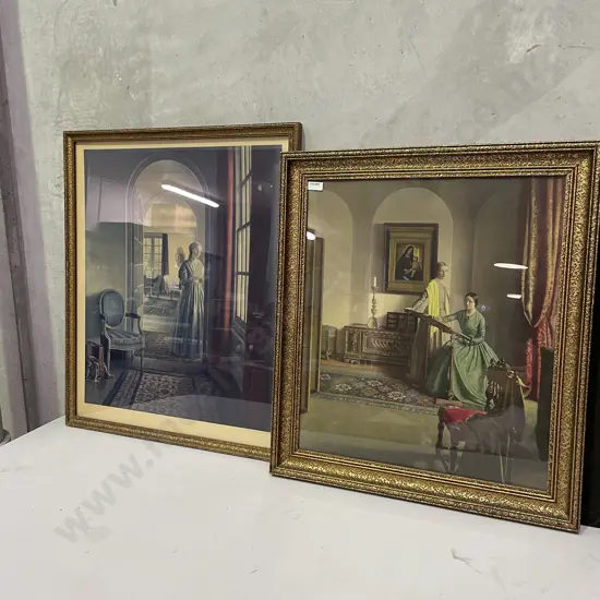 Two Vintage gilt framed prints by L Campbell Taylor. "The Letter" 58x69cm and "Sampler" 56x63cm