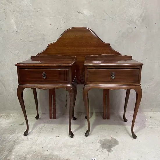 Vintage Solid Mahogany Single Headboard with Matching pair of Bedside Tables