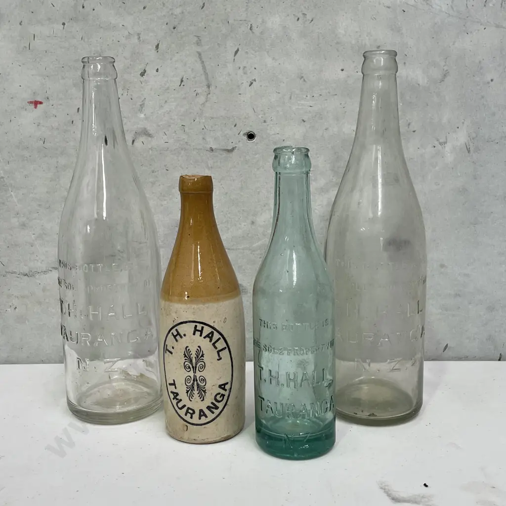 Assorted T.H. Hall Tauranga NZ Bottles including stoneware bottle (af) Image 1++