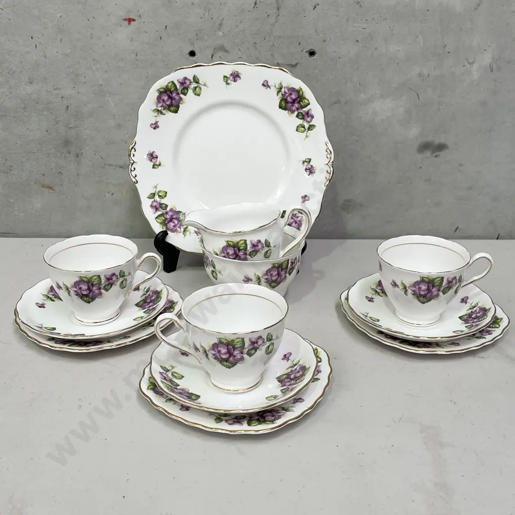 Colclough part Teaset with 3 x trios, cream jug, sugar bowl and cake plate Image 1++