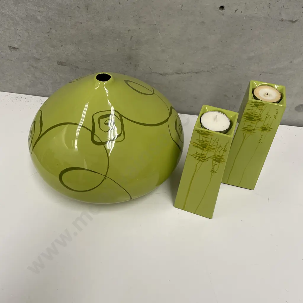 Decorative ceramic squat vase H20cm Dia26cm with 2 Candle Sticks H18cm. Lime green colour Image 1++