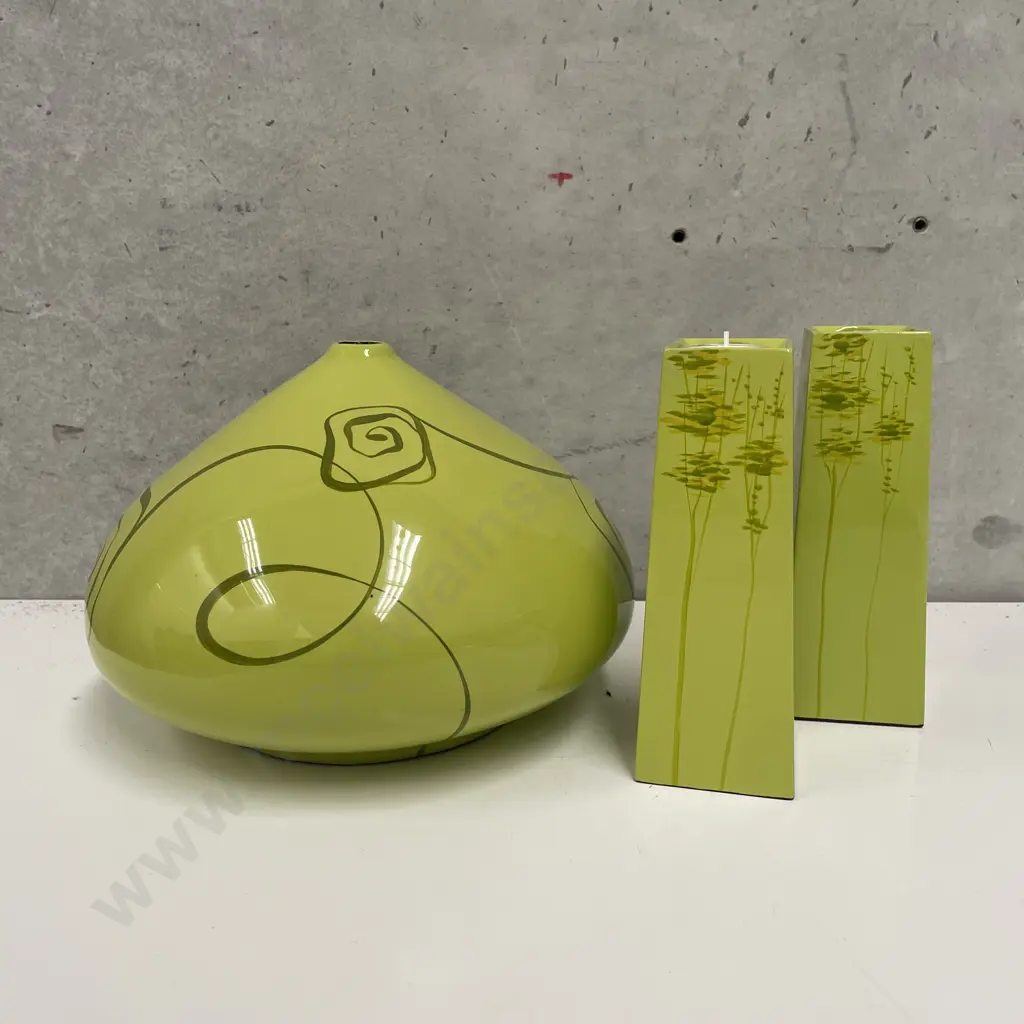Decorative ceramic squat vase H20cm Dia26cm with 2 Candle Sticks H18cm. Lime green colour Image 1++
