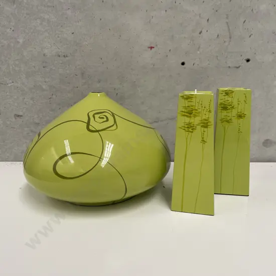 Decorative ceramic squat vase H20cm Dia26cm with 2 Candle Sticks H18cm. Lime green colour