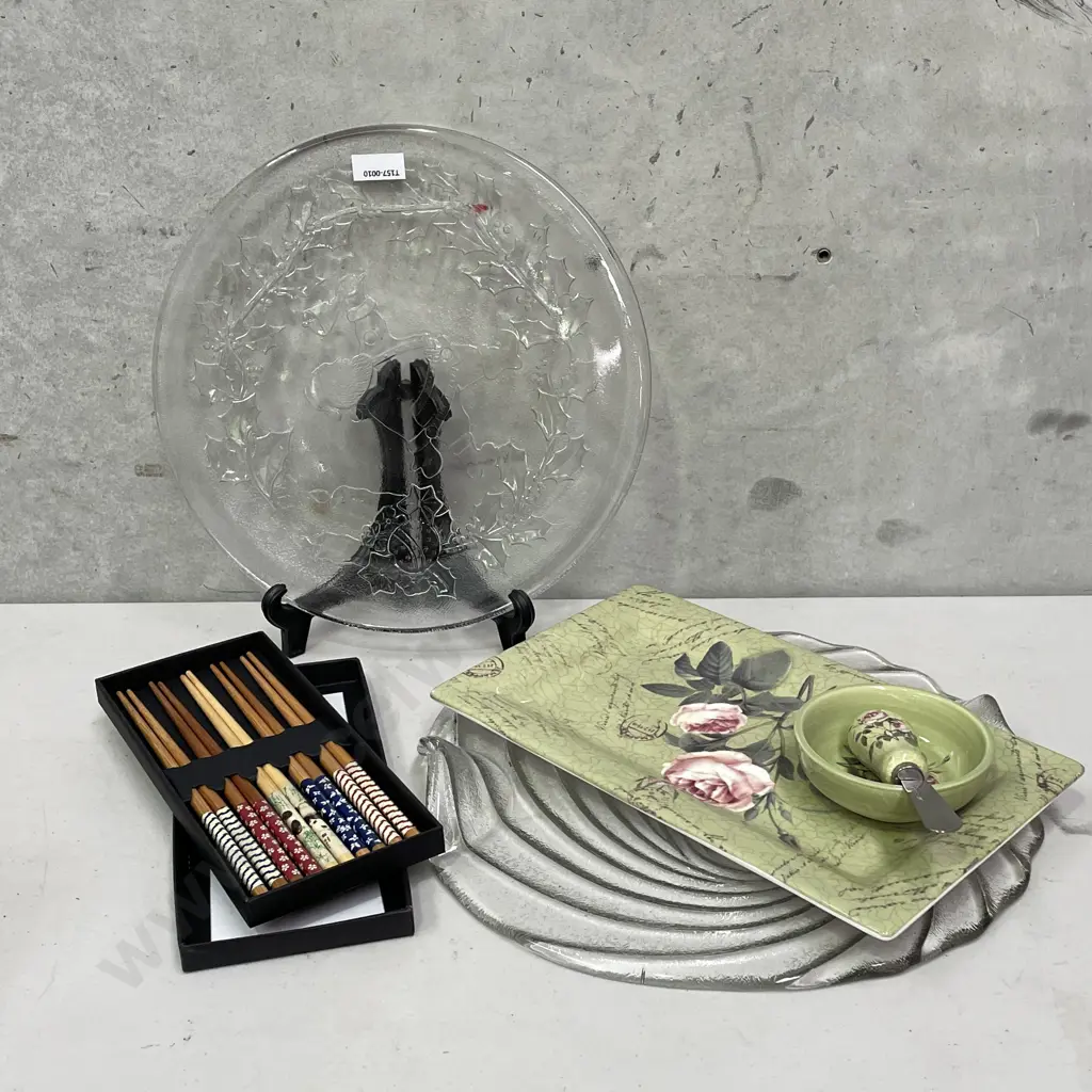 Assorted items incl. moulded glass platters, Haven Vintage Rose items, chopsticks  Image 1++