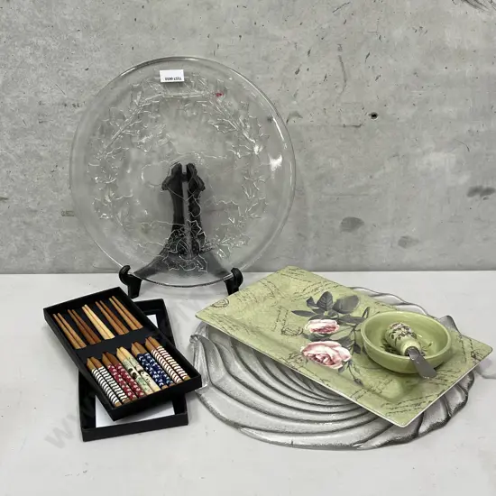 Assorted items incl. moulded glass platters, Haven Vintage Rose items, chopsticks 