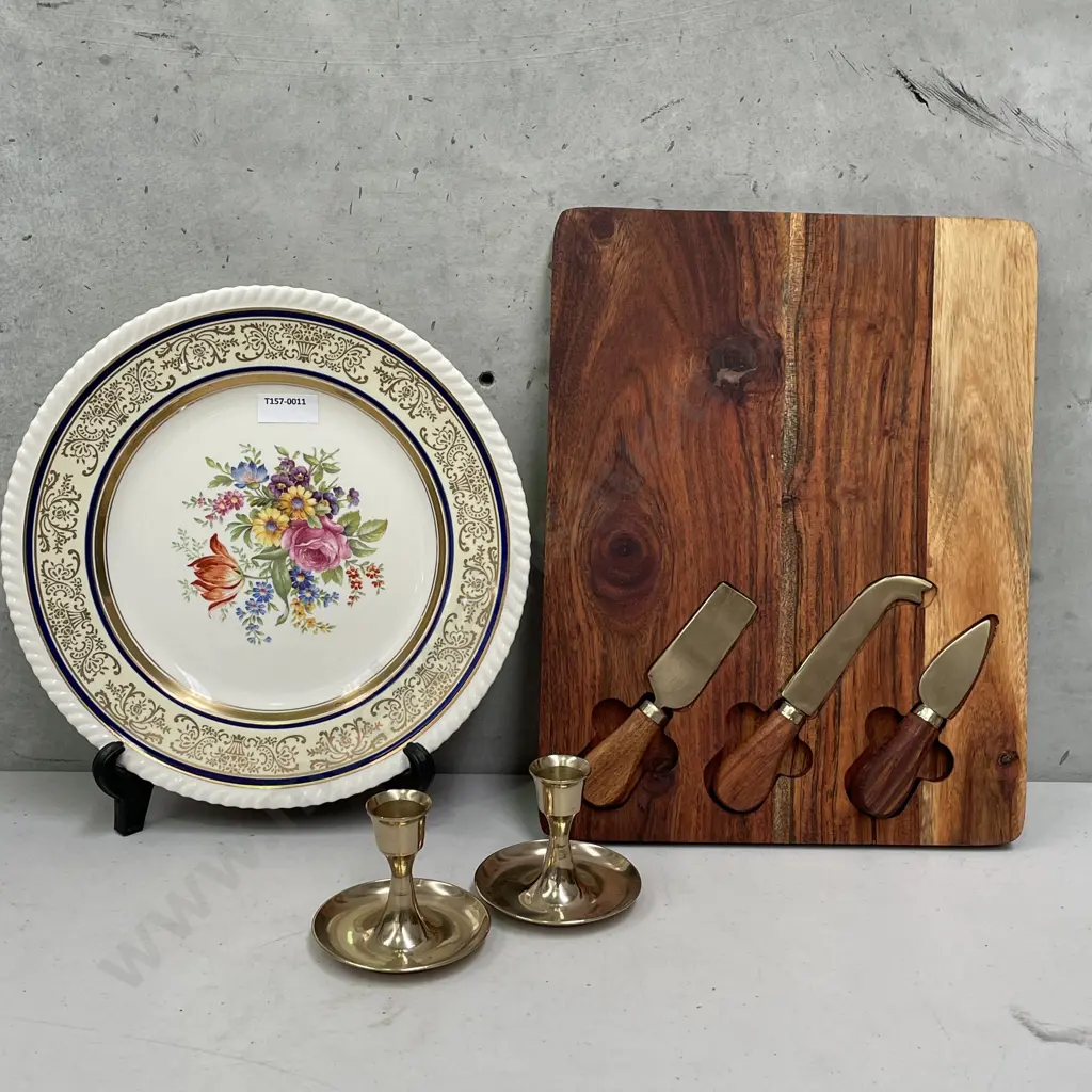 Assorted items, Chandler House Brass candlesticks, Johnson Bros Display Plate and cheeseboard set Image 1++