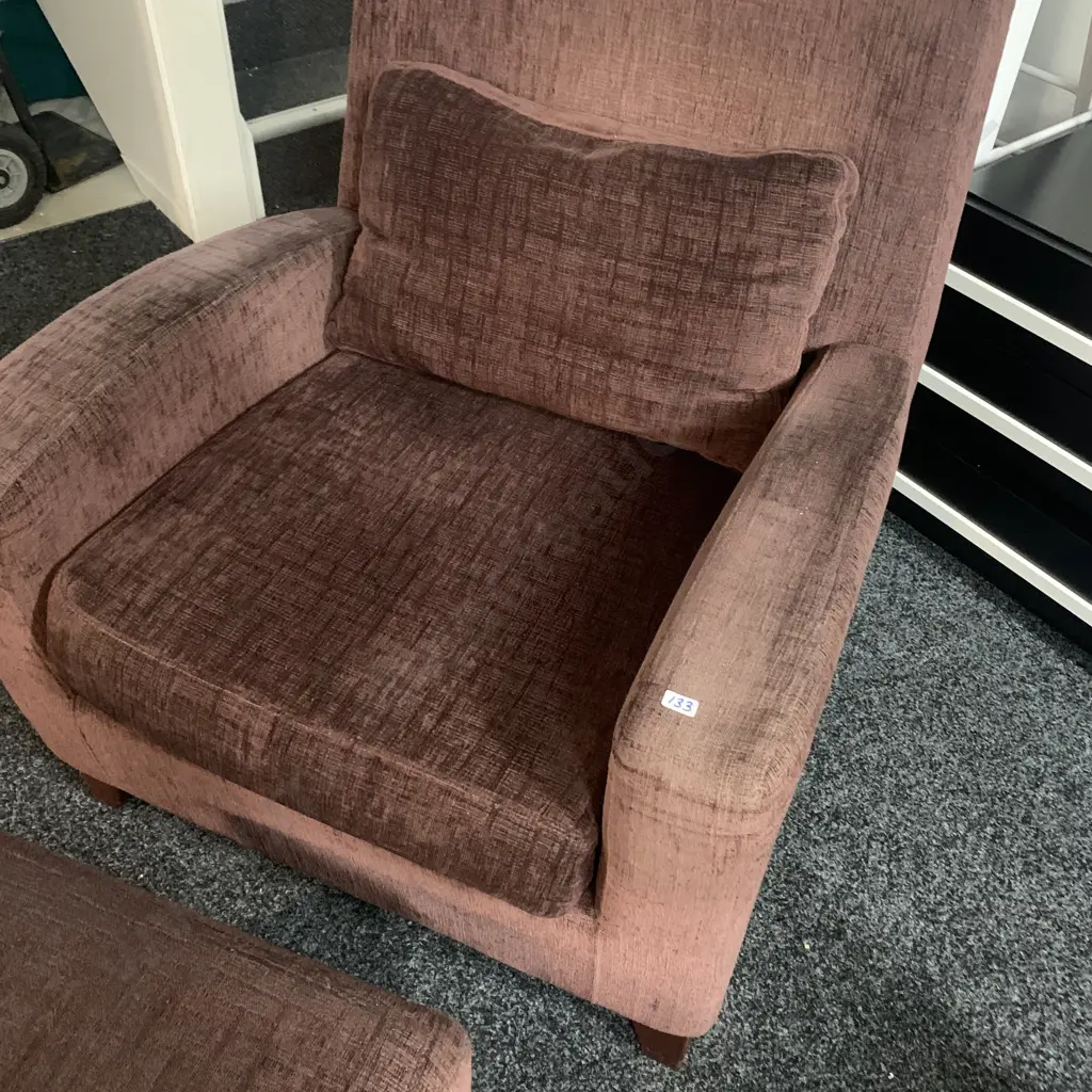 David Shaw Armchair with matching footstool. Mervin Graffito Port Ex Tex. Chair W80 H96 D83. Footstool 50 x 55 H37cm Image 1++