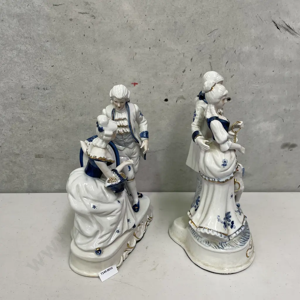 Pair of Large Continental Victorian Style Blue, white and gilded figurines. H32 and H29cm Image 1++