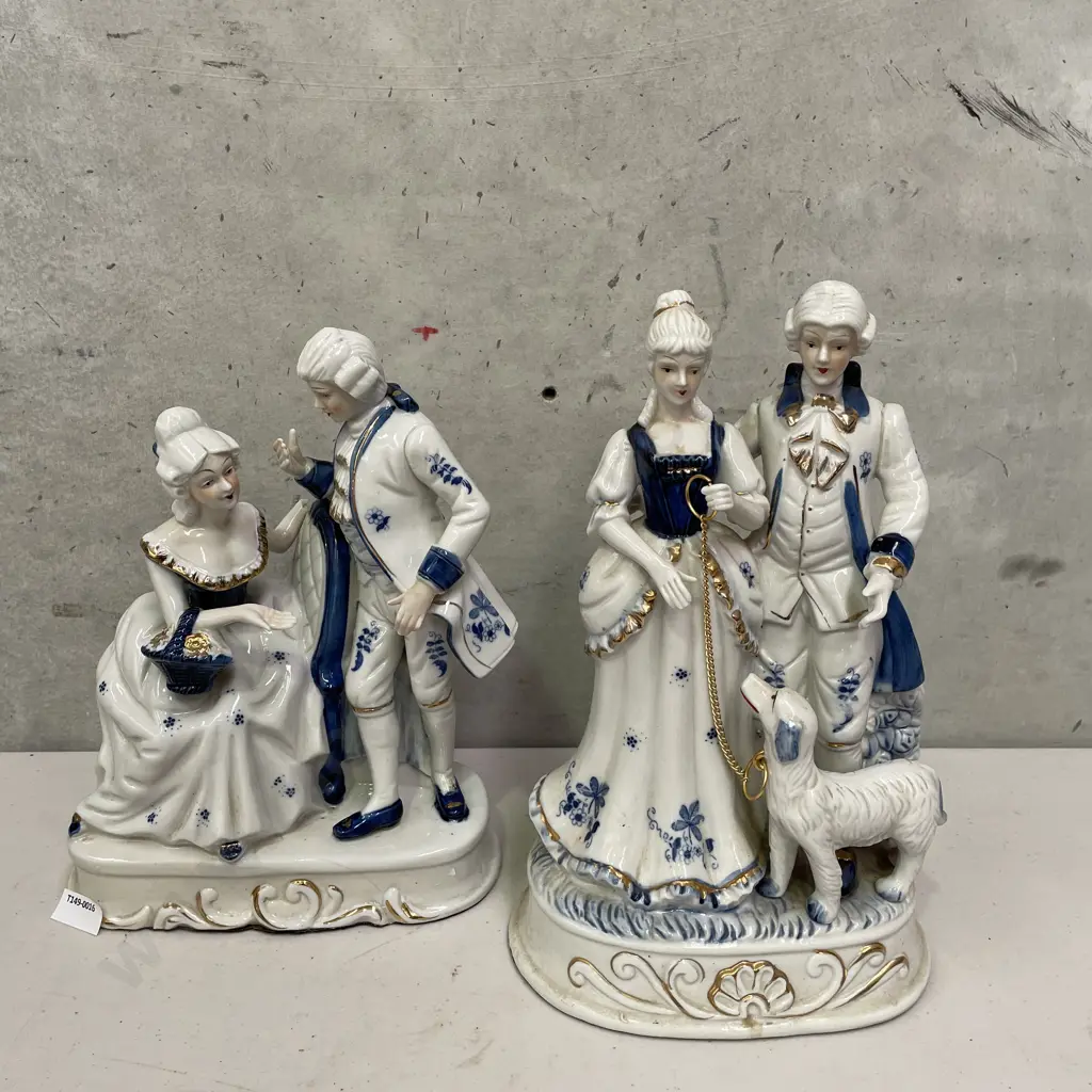 Pair of Large Continental Victorian Style Blue, white and gilded figurines. H32 and H29cm Image 1++