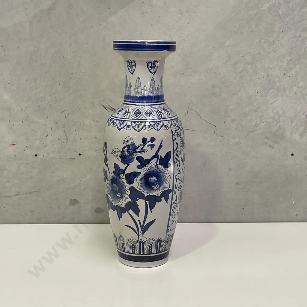Large Flow Blue and White Chinoiserie Floor Vase. Panelled floral and bird decoration. H60cm Image 1++