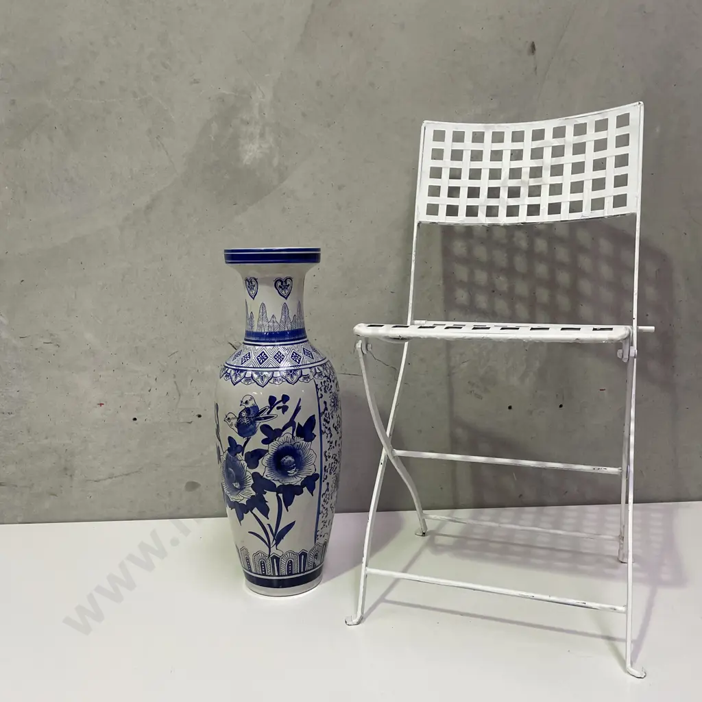 Large Flow Blue and White Chinoiserie Floor Vase. Panelled floral and bird decoration. H60cm Image 1++