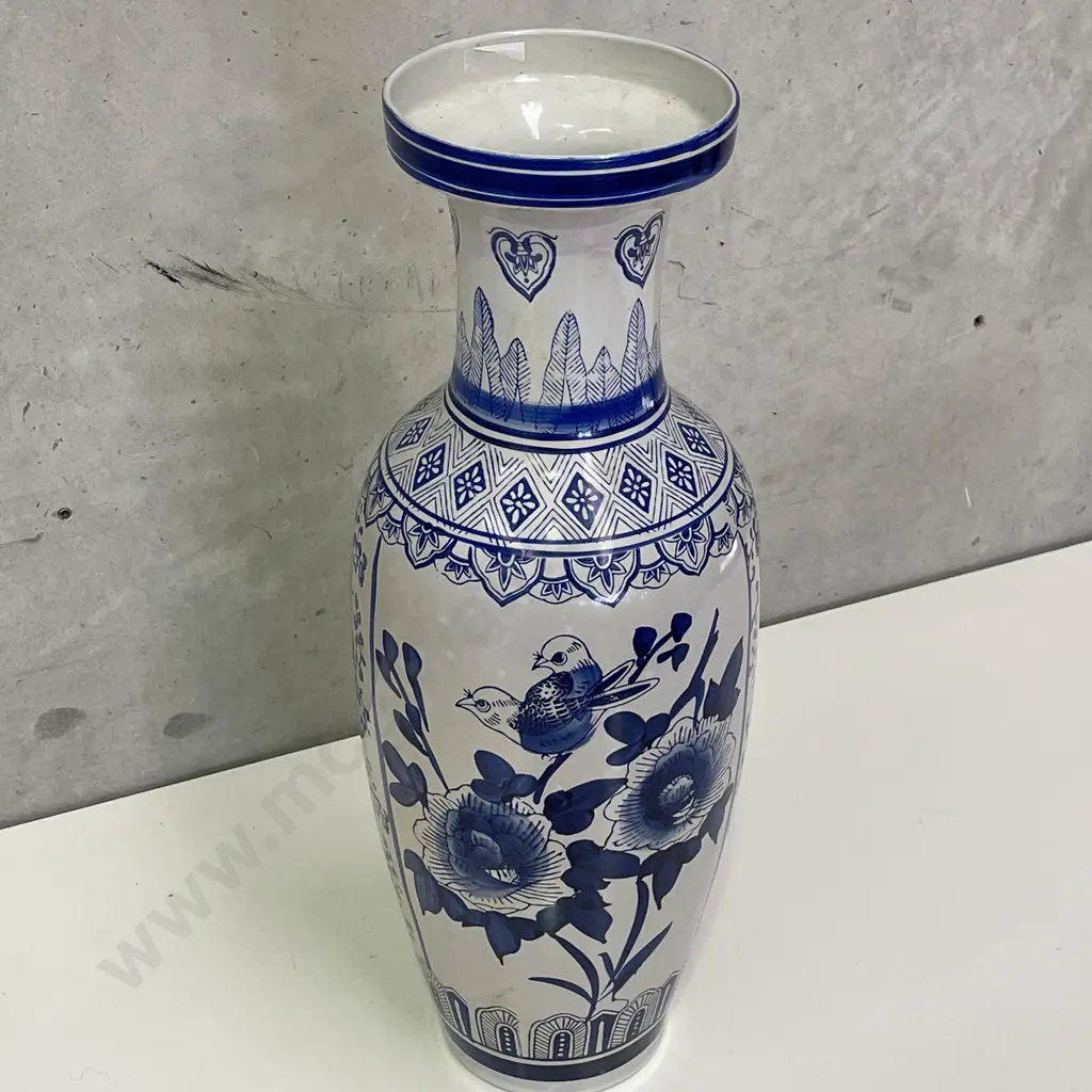 Large Flow Blue and White Chinoiserie Floor Vase. Panelled floral and bird decoration. H60cm Image 1++