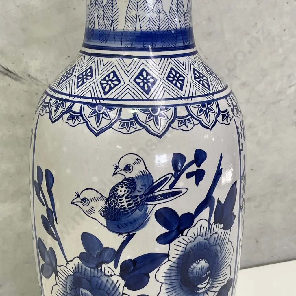 Large Flow Blue and White Chinoiserie Floor Vase. Panelled floral and bird decoration. H60cm Image 1++