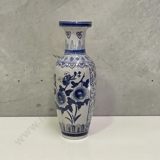 Large Flow Blue and White Chinoiserie Floor Vase. Panelled floral and bird decoration. H60cm