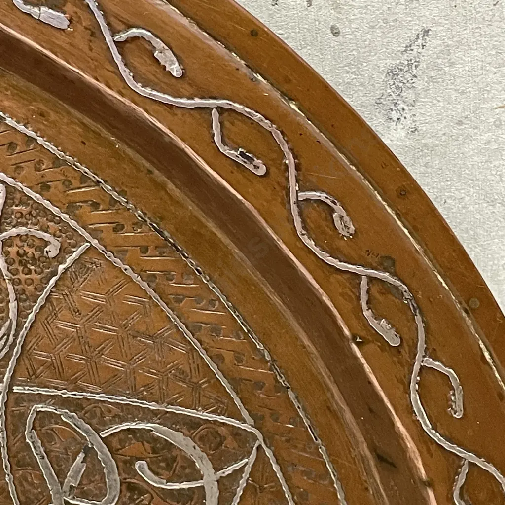 Antique Solid Copper and Silver detail Islamic Mamluk Platter. Dia 30cm Image 1++