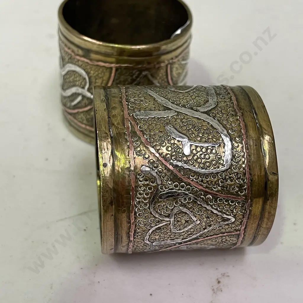 Antique Solid Copper, Brass and Silver detail Islamic Mamluk Serviette Rings x 2 Image 1++
