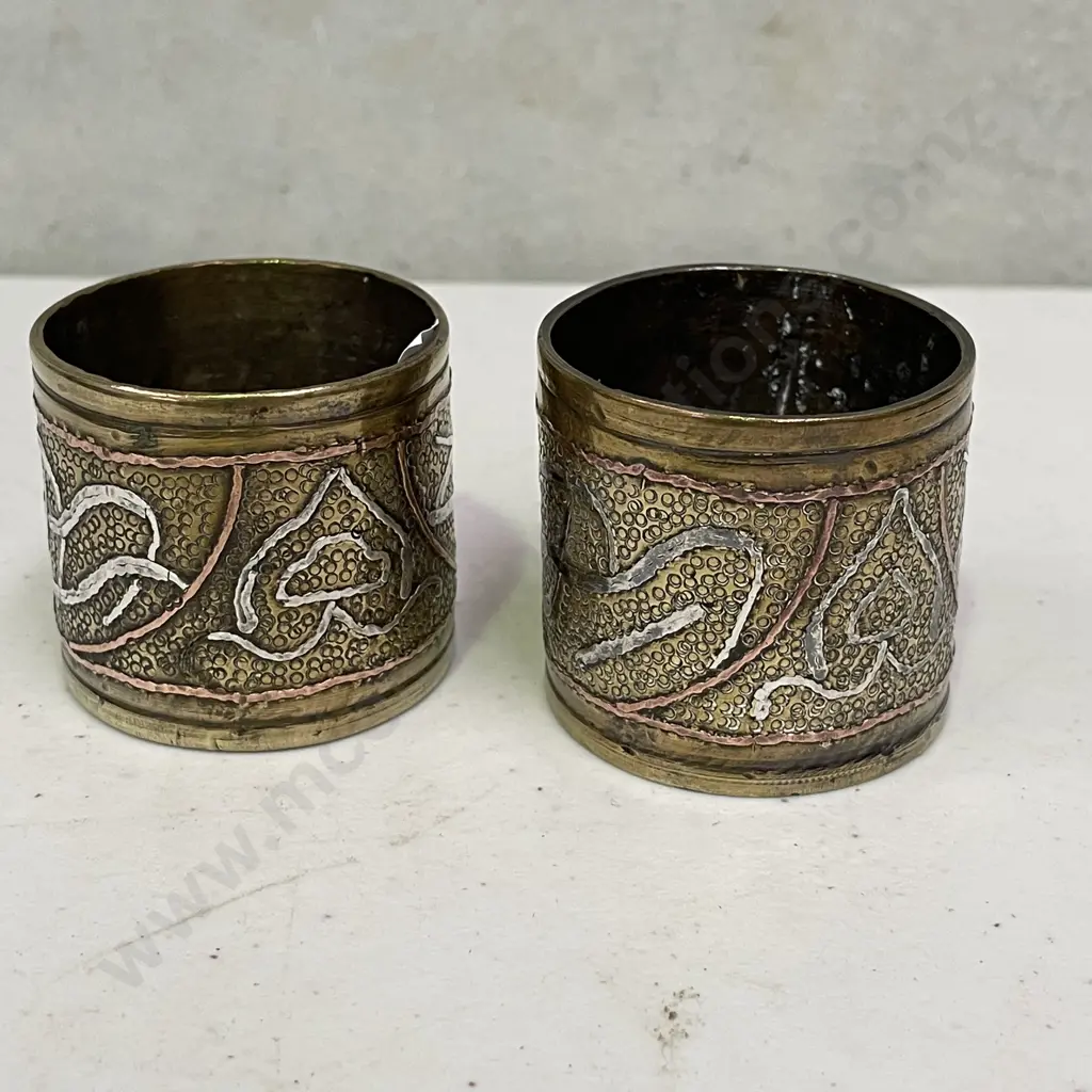 Antique Solid Copper, Brass and Silver detail Islamic Mamluk Serviette Rings x 2 Image 1++