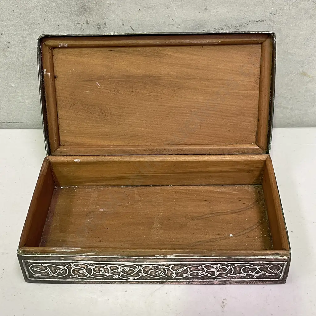 Antique Solid Copper and Silver detail Islamic Mamluk Box. Wood Lined. 19 x 11cm H5.5cm Image 1++